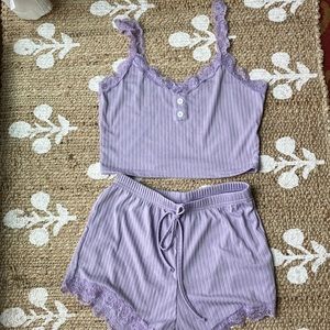 Women’s lavender lace trim, tank top, shorts, pajama set